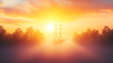 Obraz premium Ship Silhouetted in the Golden Sunset Radiance Emerging From Fog Bound Waters Among Tree Lined Shores