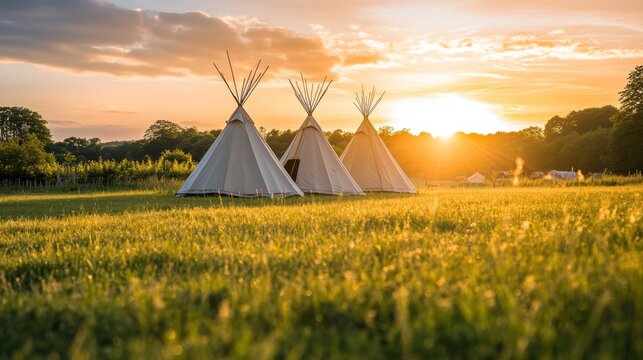 Teepee camp at sunset in a serene field with tall grass and vibrant sky, perfect for outdoor adventure and glamping photography.