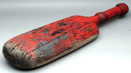 Vintage red wooden paddle with weathered texture, showcasing rustic charm and history