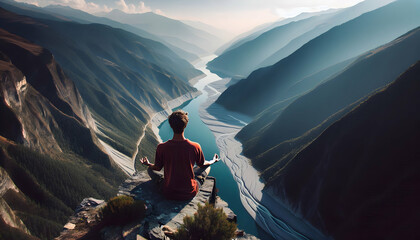 Fototapeta premium Meditation A person practicing meditation at the edge of a mountain cliff, seated in lotus position with their 4