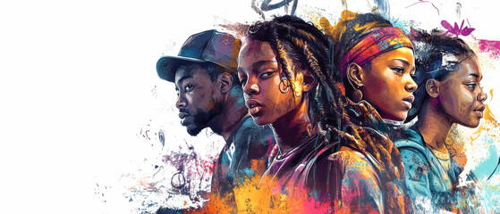 Vibrant street art portrait of young African-American individuals capturing urban spirit through graffiti aesthetics
