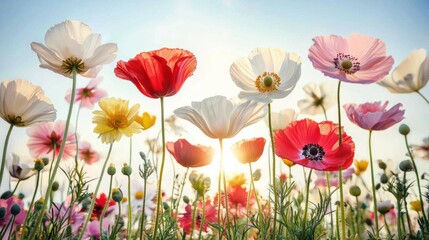 Vibrant flower field view at sunrise nature photography colorful blossom environment landscape concept