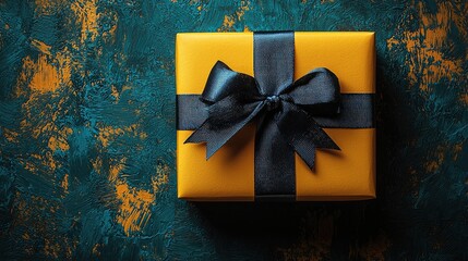 A beautifully wrapped yellow gift box with a black ribbon on a textured teal and orange background
