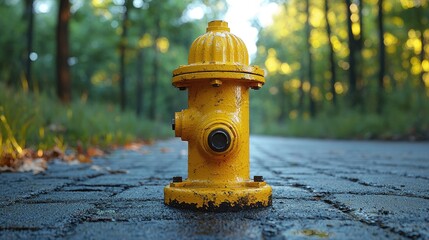 Bright yellow fire hydrant stands prominently on a cobblestone path in a lush green forest
