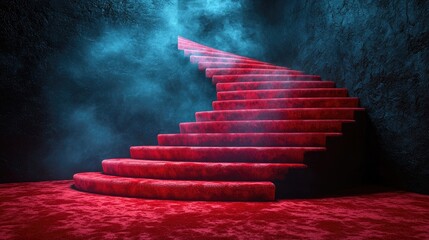 Elegant red carpeted staircase spiraling upward into a misty, atmospheric space with dramatic lighting