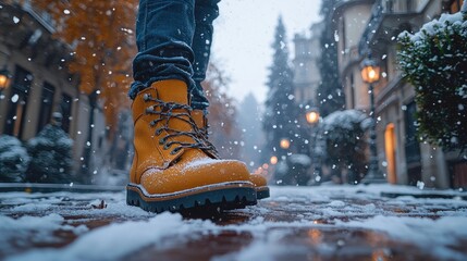 Person wearing yellow boots walking on a snow-covered street with autumn trees and buildings