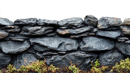 Textured stone wall with vibrant greenery at the base against a bright, white background