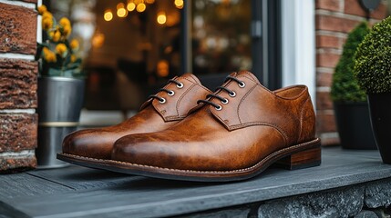 Stylish brown leather shoes displayed on a porch with vibrant flowers and blurred background lights