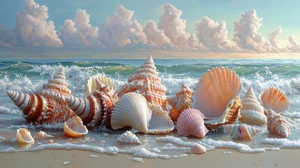 Beautiful seashells scattered on a sandy beach with gentle waves and soft clouds in the background