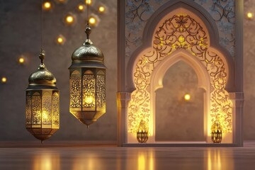 Traditional Arabic Lanterns in a Mosque for Ramadan Mubarak, Islamic Festival Celebration.