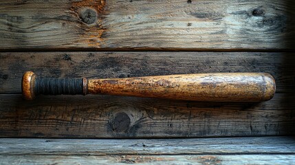 Vintage wooden baseball bat resting on rustic wooden planks, evoking nostalgia and sports history