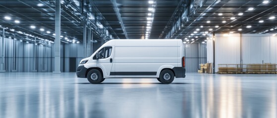 Naklejka premium White cargo van parked in spacious warehouse with modern industrial design for logistics and transportation business needs