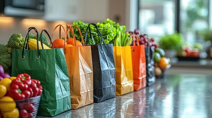 Colorful reusable shopping bags filled with fresh produce on a kitchen counter, sunlight streaming in