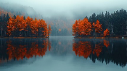 Serene autumn landscape with vibrant orange trees reflecting in a calm lake under foggy skies