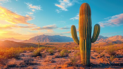 Majestic Saguaro Cactus at Sunset in Desert Landscape with Colorful Sky and Mountains