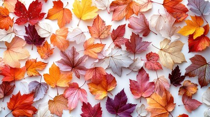 Colorful autumn leaves of various shapes and sizes scattered on a white background