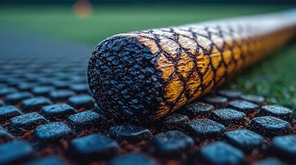 Close-up of a textured wooden baseball bat resting on a patterned surface during twilight