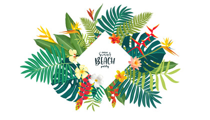Tropical floral greeting card, Hawaiian vibe. Vibrant summer design, hibiscus, plumeria, lush jungle. Watercolor illustration, greenery frame. Modern template, beach weddings, vacation parties © babayuka