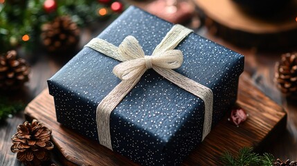 A beautifully wrapped gift box with a white ribbon on a wooden surface, surrounded by pine cones and festive decorations
