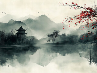 Interesting drawing. traditional Japanese landscape, with lots of Japanese symbols. Generative Ai