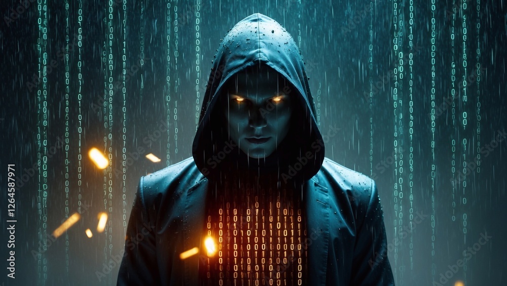 Wall mural digital matrix rain effect surrounding mysterious hooded figure glowing binary code fragments scatte