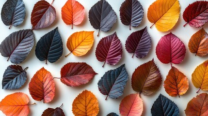 Colorful autumn leaves arranged artistically on a white background showcasing nature's beauty