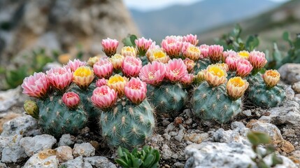 Vibrant blooming cacti in a rocky landscape under a clear sky, showcasing nature's beauty