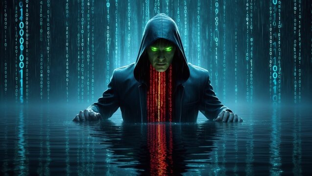 digital matrix rain effect surrounding mysterious hooded figure glowing binary code fragments scattered across dark atmospheric scene