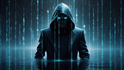 digital matrix rain effect surrounding mysterious hooded figure glowing binary code fragments scattered across dark atmospheric scene