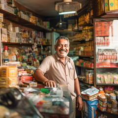 Indian shopkeeper smiling and giving happy expression