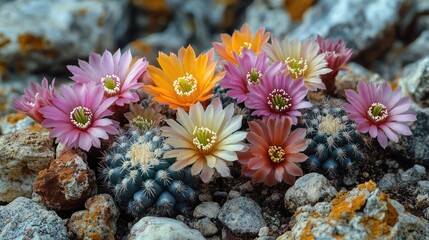 Vibrant blooming cacti surrounded by rocky terrain, showcasing nature's beauty and resilience