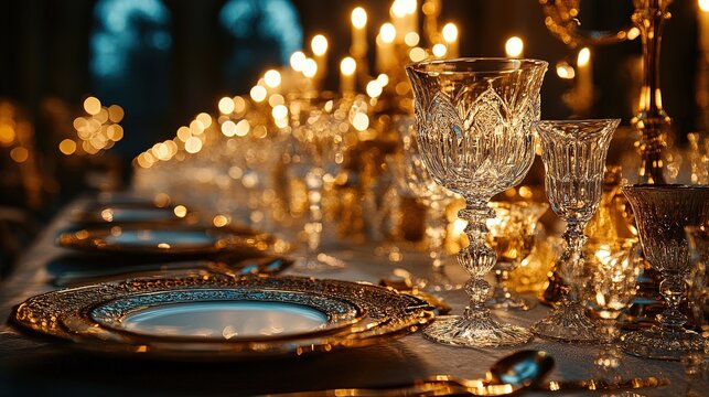 Luxury dining setup with crystal glasses and golden cutlery 