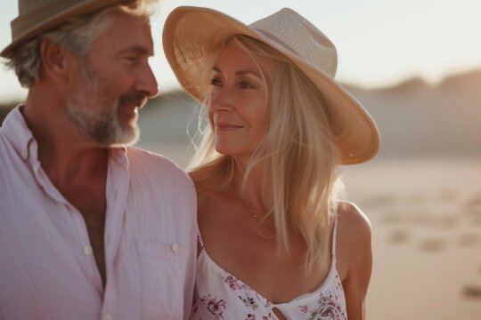 Middle-aged couple walking together portrait summer adult.