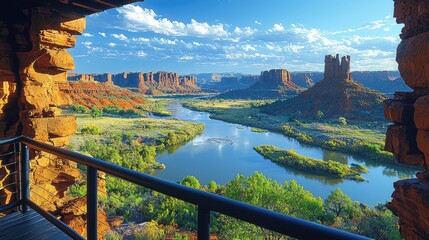 Scenic view from a rocky overlook showcasing a winding river surrounded by vibrant landscape
