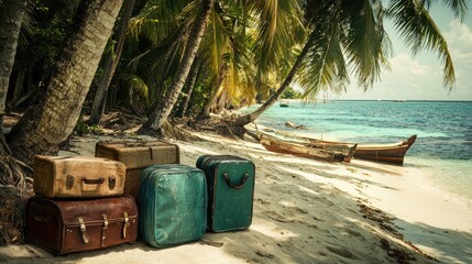 Vintage luggage rests on a serene tropical beach surrounded by palm trees and clear water