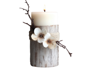 A candle with a white flower design on it