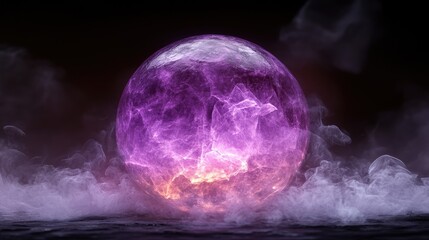 A mystical purple orb surrounded by swirling mist, creating an enchanting atmosphere