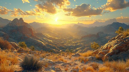 Majestic sunset over rugged mountains and valleys, showcasing vibrant colors and serene landscape
