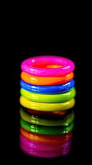 Colorful stack of plastic rings reflecting on a black surface, showcasing vibrant hues and simplicity