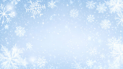 Festive winter background featuring numerous snowflakes falling on a light blue sky. Perfect for holiday cards, websites, and winter-themed designs.