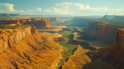 Vast canyon landscape at sunset with dramatic rock formations and a winding river below