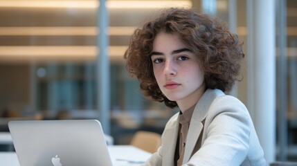Young professional working on a laptop in a modern office environment, focused on tasks, showcasing remote work and productivity concepts.