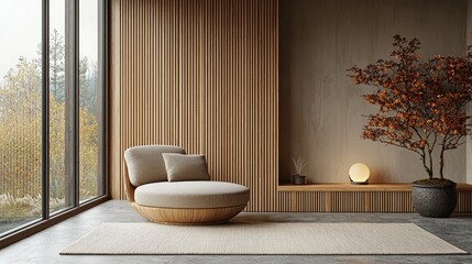 Modern living room with a circular sofa, wooden accents, and a serene outdoor view