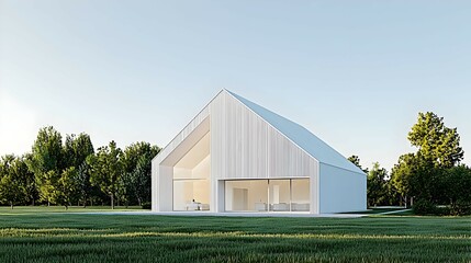 Obraz premium Modern White House Exterior With Green Grass At Sunset