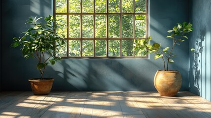 Bright indoor space with two potted plants beside a large window, sunlight streaming in