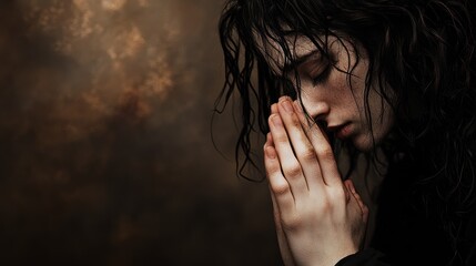 Obraz premium Young woman praying with closed eyes, emotional portrait in low light, spiritual connection, deep reflection, and inner peace concept photography