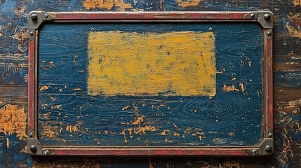 A weathered blue and yellow wooden sign with a rustic frame on a textured wooden surface