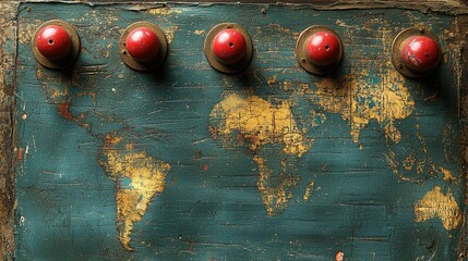 Vintage world map design on distressed wooden surface with red knobs, ideal for artistic decor