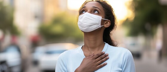 Young woman wearing face mask outdoors, looking up with concern during pandemic, urban environment, health awareness, and safety measures