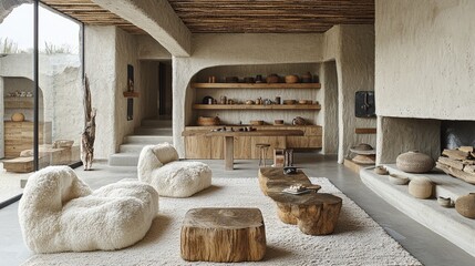 Modern interior design of a cozy living space featuring natural materials and minimalist decor